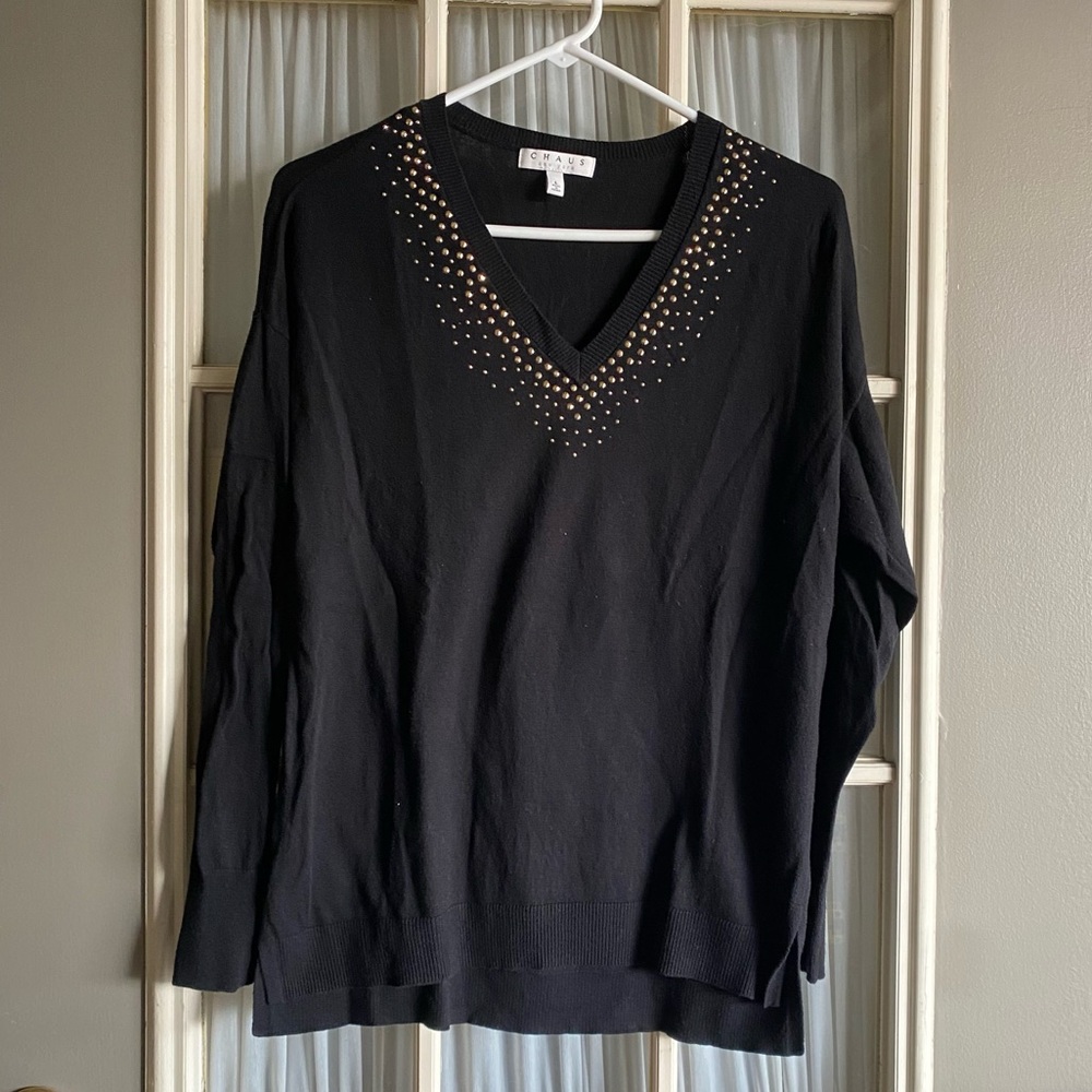 Chaus Black V-Neck Sweater with Gold Stud Accents